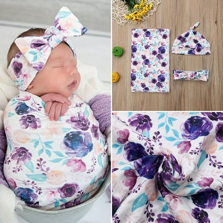 Swaddle Blanket,Newborn Baby Floral Sleeping Bag with Headband Shower Swaddle Cocoon Receiving Blanket Sleeping Wrap Sack Outfit